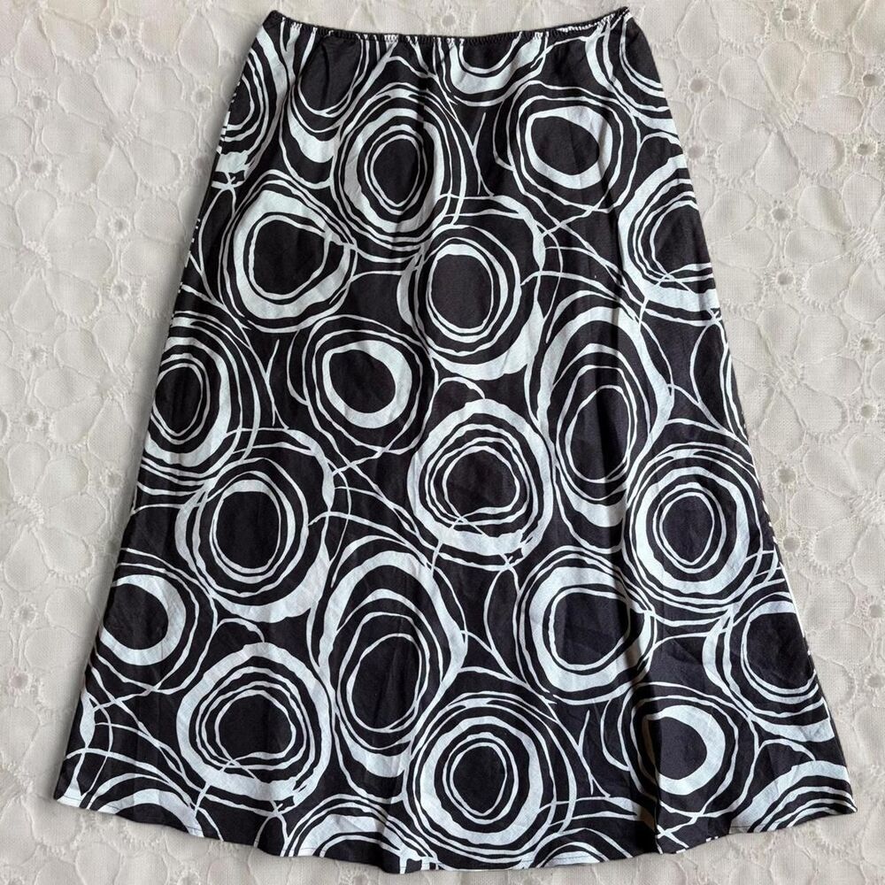 Vintage Y2K Willi Smith 100% Linen Abstract Circle Chocolate Brown Midi Skirt